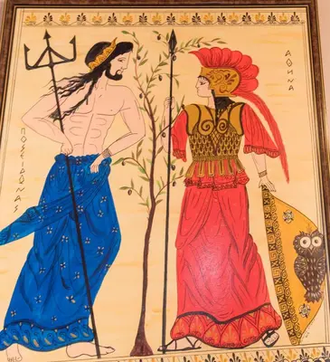 a painting of two women with a spear at Athina house in Rhodes Town
