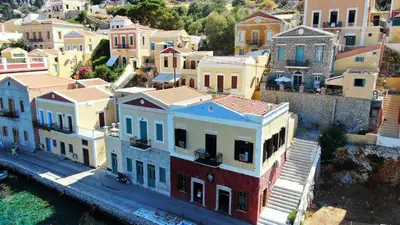 an aerial view of a group of houses at Moschos Mansion in Symi