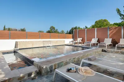 a swimming pool with a fountain on a patio at Ariadni Villas Faliraki in Faliraki