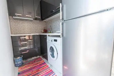 a kitchen with a refrigerator and a washing machine at Villa Ioanna in Symi