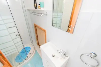 a bathroom with a shower and a toilet and a sink at Villa Ioanna in Symi