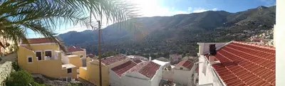 a view of houses and a palm tree and mountains at EVANNA HOUSE in Symi
