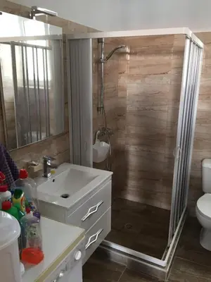 a bathroom with a shower and a sink and a toilet at TASSOS-Haus in Archangelos