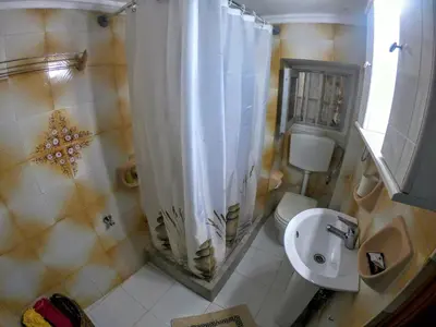 a bathroom with a shower curtain and a toilet at Villa Pitini in Symi