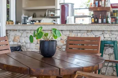 a wooden table with a potted plant on it at Vickys Faliraki in Faliraki