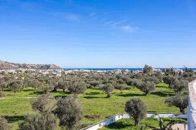 a view of a field with trees and a city at Evita in Faliraki