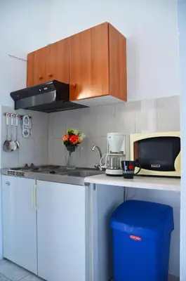 a kitchen with a counter top with a microwave at George's Studios in Archangelos