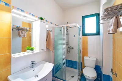 a bathroom with a sink and a toilet and a shower at Mare Blu 1 on the beach in Gennadi