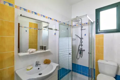 a bathroom with a shower and a sink and a toilet at House Myrtos in Lachania