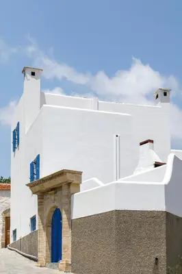 a white building with a blue door at House Salvia in Lachania
