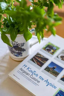 a book sitting on top of a table with a plant at House Almyra in Lachania