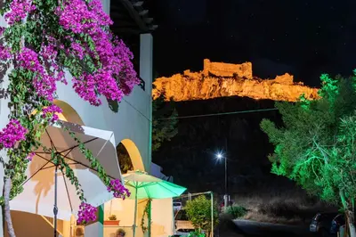 a view of the acropolis at night with purple flowers at Haraki Sand Beach in Haraki