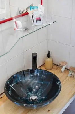 a blue sink sitting on a counter in a bathroom at Casa de La Flora by Rhodes4vacation in Rhodes Town