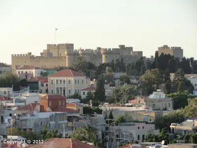 a view of a city with a castle in the background at Casa de La Flora by Rhodes4vacation in Rhodes Town