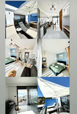 a collage of four pictures of a room at Royal Luxury Studios in Archangelos