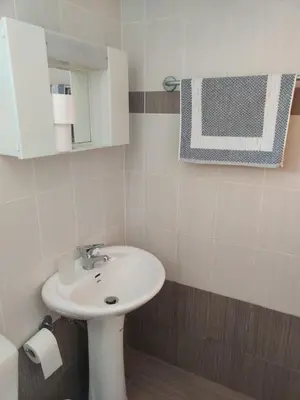 a bathroom with a white sink and a mirror at Blue Sky Aparts in Livadia