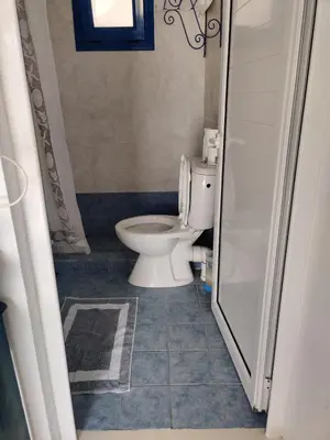 a bathroom with a white toilet and a shower at Blue Sky Aparts in Livadia