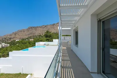 a view from the balcony of a house at Villa Allegra with pool in Pefkos, Lindos area in Pefki Rhodes