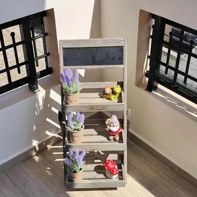 a shelf with potted plants on it next to a window at Depie Luxury Apartment in Pastida Rhodes in Pastida