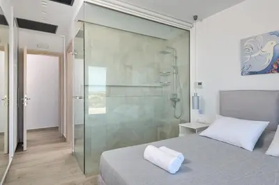 a bedroom with a glass shower and a bed at Villa Akrotiri in vlicha