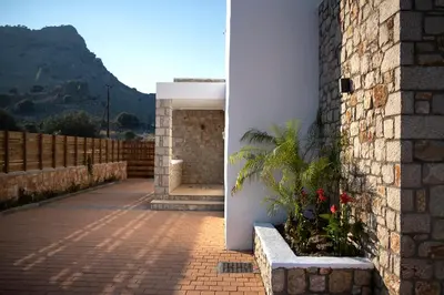 a door leading to a patio with a plant at Villa Alkyoni Lindos in Líndos