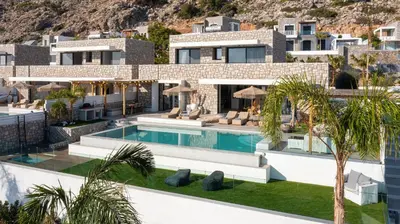 an aerial view of a house with a swimming pool at Lido Blue Villa in Pefki Rhodes