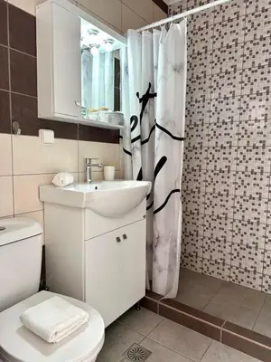 a bathroom with a toilet sink and a shower curtain at Casa Di Rosse in Symi