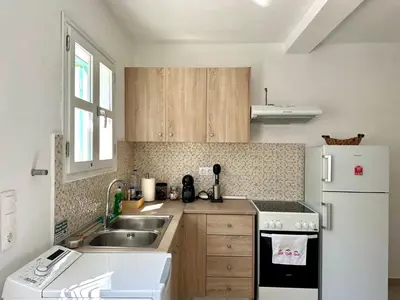 a kitchen with a sink and a white refrigerator at Casa Di Rosse in Symi