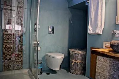 a bathroom with a toilet and a shower at Muse Neate in Halki