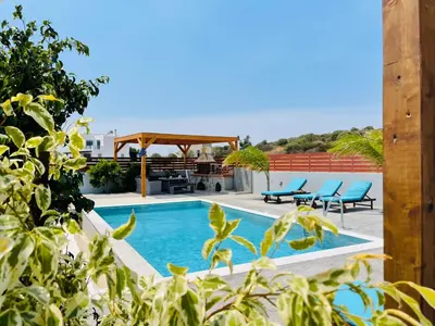 a swimming pool with chairs and a gazebo at Dorieus Villa in Lachania