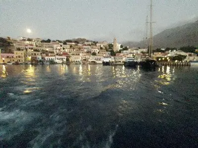 a view of a harbor with boats in the water at Little Karafillias Chalki House in Halki