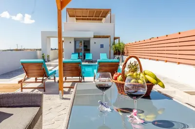 a table with two glasses of wine and a basket of fruit at Kallipateira Villa in Lachania