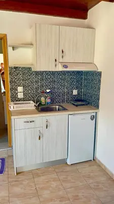 a kitchen with a sink and a white refrigerator at Iris Studios in Archangelos