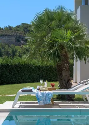 a table sitting next to a palm tree next to a pool at Ixian Hilltop Villa in Triánta