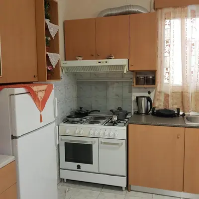 a kitchen with a white stove and a refrigerator at George's & Amalia's appartments 2 in Afantou