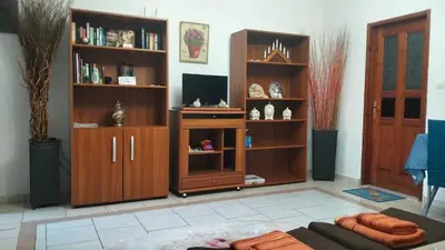 a living room with wooden shelves and a tv at Old House in Paradeísion