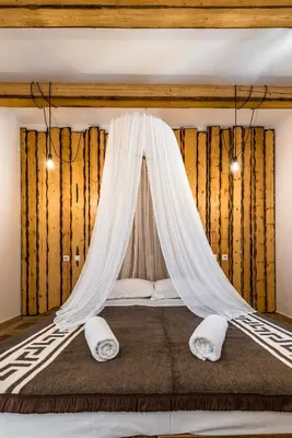 a bedroom with a bed with a mosquito net at Villa Lindos Muse in Líndos