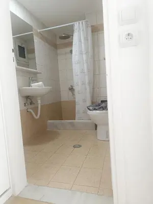 a bathroom with a shower and a sink and a toilet at Nautilus City Studios & Apartments in Rhodes Town