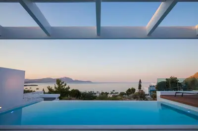 a swimming pool with a view of the water at Villa Phos with swimming pool in Lindos in Líndos