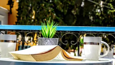 a table with a book and two cups and a book at Ritzi Apartment in Symi