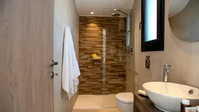 a bathroom with a toilet and a sink and a shower at Kiotari Akti Beachfront Villas in Gennadi