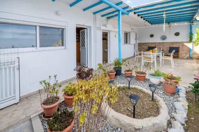 a patio with a bunch of potted plants at Springs Petronas Apartment in Archangelos