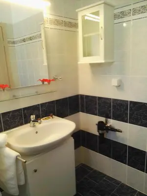 a bathroom with a sink and a mirror at Bouganville Bed & Breakfast Stegna in Archangelos