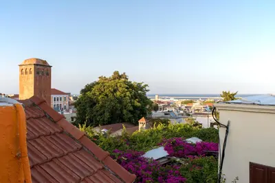 a view from the roof of a building with purple flowers at Casa de Mikel in Rhodes Town