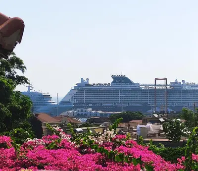 a large cruise ship in a harbor with pink flowers at Casa de Mikel in Rhodes Town