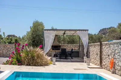 a backyard with a swimming pool and a stone wall at Modern Villa with Pool & Garden Kastalys, Rhodes in Kalithies