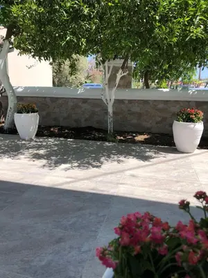 two white vases with flowers in them next to a wall at Chrysanthi’s in Faliraki