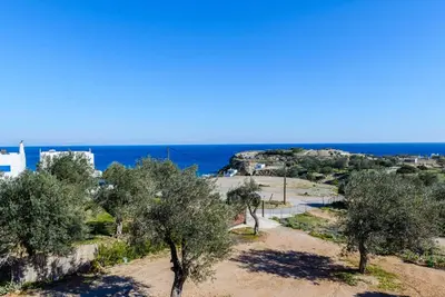 a view of the ocean from a hill with trees at Blue Bay Villas , Ground Floor in Archangelos
