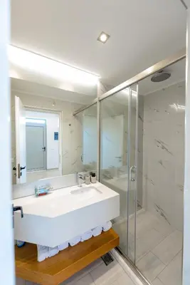a bathroom with a sink and a glass shower at Dias Luxury Homes in Koskinou