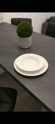 a white plate on a table with a potted plant at Sea Breeze 2 in Haraki
